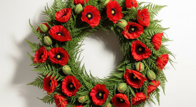Red poppy flower wreath with green ferns on a white background creating a vibrant display for remembrance and decoration in a floral arrangement.