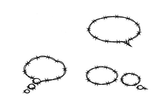 Set of Comic Speech and Thought Bubbles with Barbed Wire Outlines. Vector Illustration Representing Forbidden Thoughts, Censorship, Restricted Communication, Prison, Danger, and Sharp Dialogue.