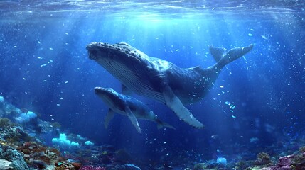 Fototapeta premium Gentle Giants of the Deep: Two majestic whales, mother and calf, glide gracefully through the serene, sun-dappled depths, a testament to the wonders of ocean life.