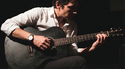 Obraz premium Young man playing acoustic guitar with a watch on his wrist