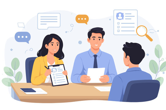 Professional HR Team Conducting Job Interview with Male Candidate in Modern Office. Human Resources Specialists Reviewing Resume and Talking to Applicant. Recruitment and Hiring Process Concept.
