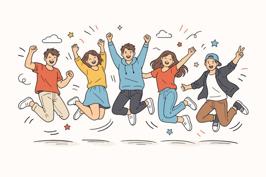 Joyful Group of Diverse Young Friends Jumping for Joy in Celebration, Hand Drawn Doodle Style Vector Illustration of Happy People Expressing Excitement, Success, Freedom, and Positive Energy.