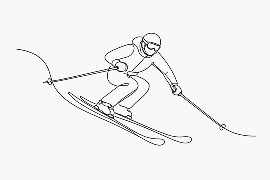 Continuous Line Drawing of a Professional Skier in Action Downhill Skiing Minimalist Vector Illustration of Winter Sports Athlete with Poles and Goggles on White Background for Modern Design