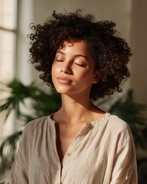 Young Woman with Natural Hair Enjoying Peaceful Moment in Sunlit Room