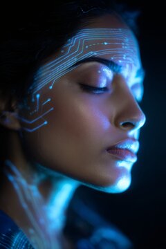 South Asian Woman with Digital Circuit Projection on Her Face at Night