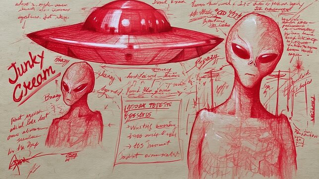 Alien Sketch and UFO: A retro-style sketch depicts an enigmatic extraterrestrial presence, featuring sleek spaceships and eerie alien figures, accompanied by cryptic annotations and handwritten text.