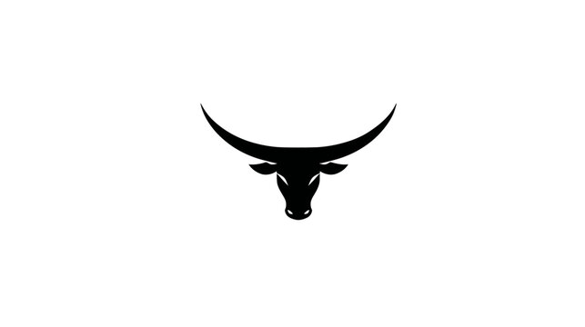 Strong bull head silhouette with long horns on white background. Minimalistic and powerful cattle animal icon or logo design.