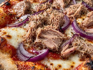 Frische Pizza mit Thunfisch und Zwiebeln Appetitliche Pizza mit Thunfisch, roten Zwiebeln, Mozzarella und Tomatensauce in Detailansicht.