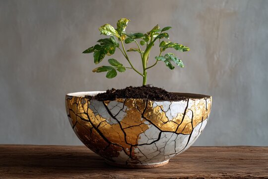 Growth and Renewal: Fresh Plant in Gold Repaired Bowl for New Beginnings