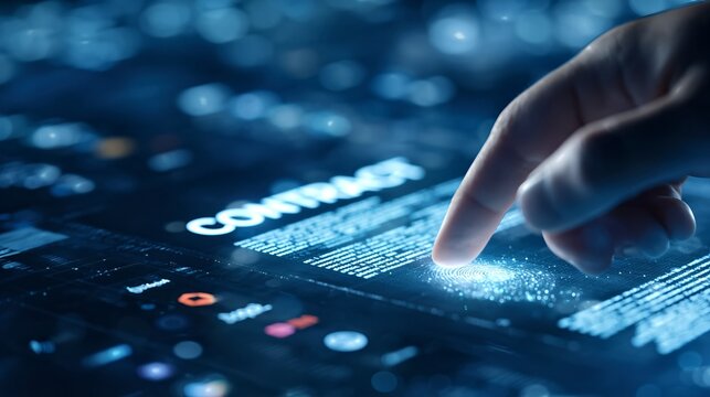 Contract Confirmation: A hand's gesture of agreeing to the agreement on the screen, symbolizing contract and business.