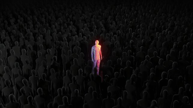Stand Out in The Crowd: A lone individual, illuminated amidst a sea of faceless silhouettes, embodies the power of individuality, resilience, and unique perspective. 