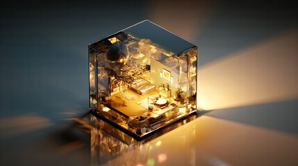 Fototapeta premium Golden Cube of Technology: A captivating close-up showcases a sleek, transparent cube containing an intricate array of miniature tech components, glowing with warm.