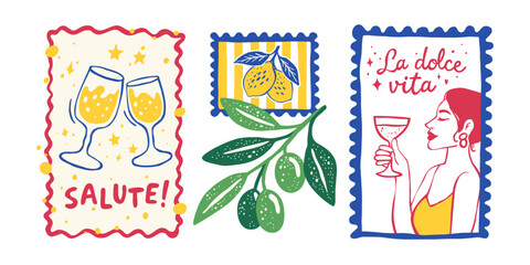 Italian vintage wine toast illustration set la dolce vita salute amalfi lemons olive branch mediterranean retro travel poster vector summer design © oksanagrytsyuk