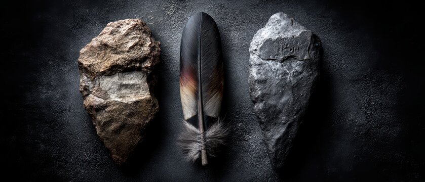 Luxury flat lay Evolution Day essentials featuring a woman with Lucy Australopithecus fragment, Archaeopteryx feather imprint, and RNA nucleotide model on ancient parchment map surface