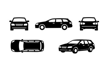 Fototapeta premium Collection of black station wagon car icons and silhouettes featuring multiple views: front, side profile, rear, top down, and perspective. Minimalist vector graphics for automotive design.