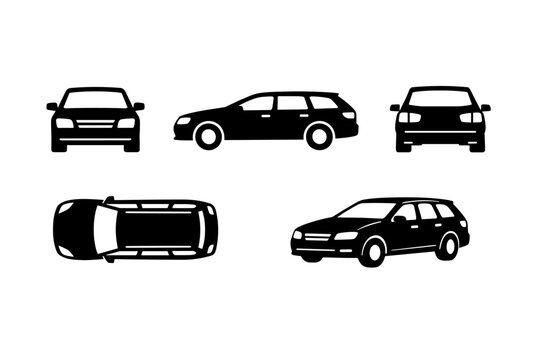Collection of black station wagon car icons and silhouettes featuring multiple views: front, side profile, rear, top down, and perspective. Minimalist vector graphics for automotive design.