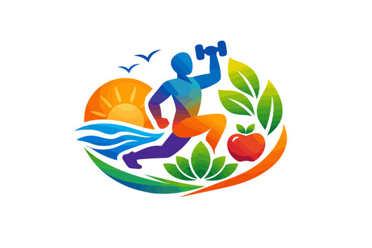 Vibrant gradient logo design showcasing a stylized human figure embracing fitness, nature, and holistic wellness through exercise, healthy nutrition, and a deep connection with the environment.