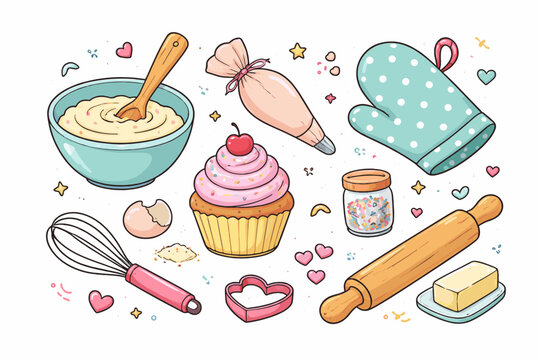 Whimsical Kids Doodle Baking Set Illustration with Pink Frosted Cupcake, Piping Bag, Whisk, Mixing Bowl, Rolling Pin, Oven Mitt, Sprinkles, Butter, and Heart Cookie Cutter on White Background