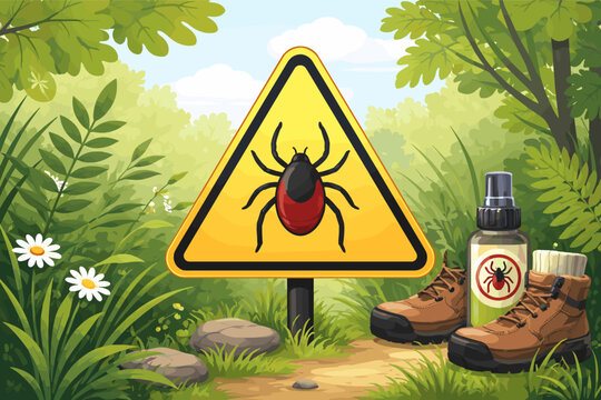 Tick warning sign in a forest with hiking boots and repellent spray, illustrating Lyme disease prevention, encephalitis risk, and safety precautions for outdoor activities and nature trails.
