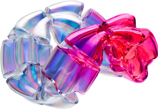 Iridescent glass beads in purple and pink hues on white background  colorful shiny objects transparent background