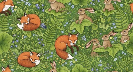Fototapeta premium Repeating pattern shows stylized foxes, hares, and vibrant greenery with floral accents