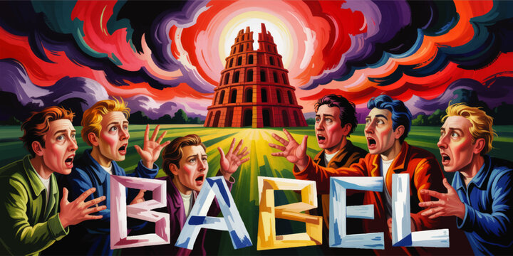 Surreal Tower of Babel Illustration with Shocked Figures, Dramatic Red Sky, Expressionist Scene of Chaos, Myth and Language