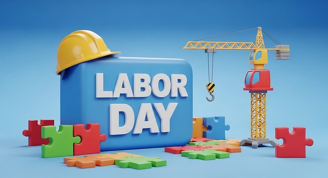 Labor Day construction theme with puzzle pieces and hard hat