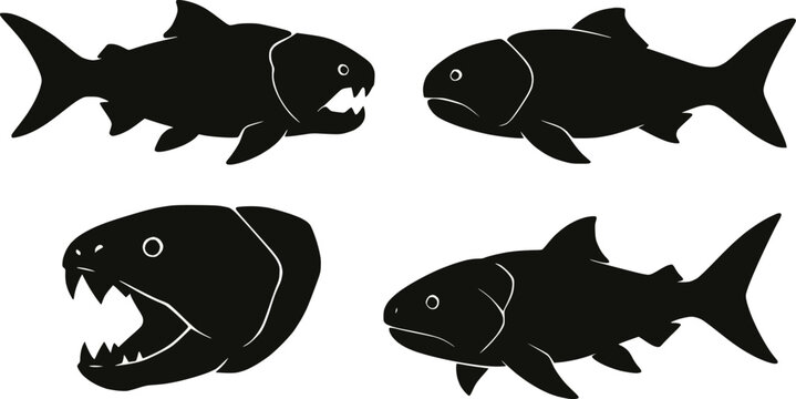 Dunkleosteus prehistoric fish multiple poses silhouette vector illustration set