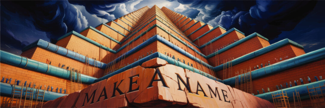 Ancient ziggurat tower under dramatic storm clouds, cinematic fantasy architecture illustration with monumental stone engraving