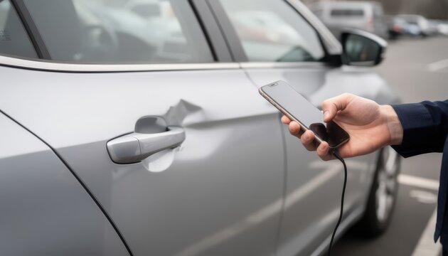 Insurance agent capturing closeup of minor dent on car door with blurred parking lot background for detailed claim documentation.