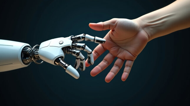 Human hand and robotic hand reaching for contact on dark background, Concept of human-robot interaction, cooperation and future technological evolution