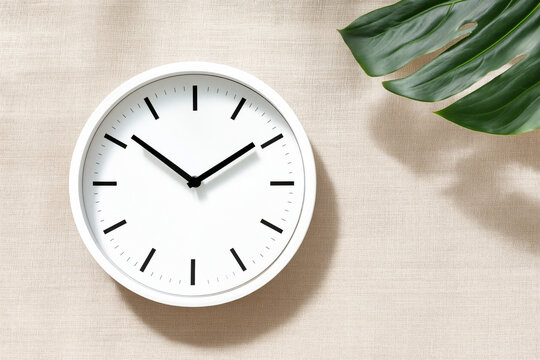 Minimalist white clock with monstera leaf on beige linen texture background for home decor concept.