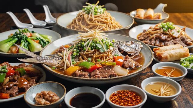 Close-up of assorted Asian dishes on table