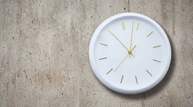Minimalist white wall clock with golden hands on raw concrete wall background with copy space