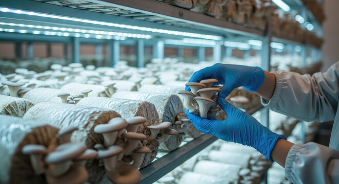 Gloved worker harvesting oyster mushrooms from substrate blocks inside controlled environment for commercial sale