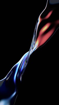 Abstract minimalist glass wavy line on a black background with color refraction effect, vertical 3d render