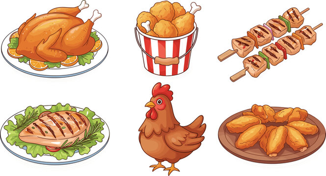 Delicious Cooked Chicken Dish Vector Set with Roast Fried Skewers Grilled Breast Wings and Farm Hen for Restaurant Menu Design