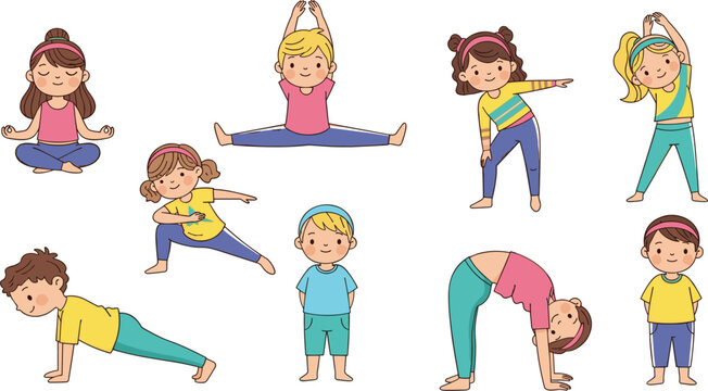 Happy Cartoon Children Practicing Yoga and Stretching Exercises Vector Set for Kids Physical Education Health and Wellness Graphic Design