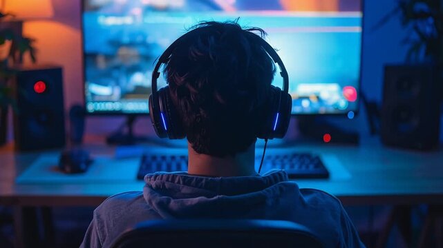 Young boy wearing large headphones playing immersive video game at neon lit desk