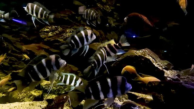 A group of frontosa cichlids swim in slow motion alongside smaller yellow cichlids in a rocky aquarium filled with stones and decor. The fish move gracefully among the rocks.