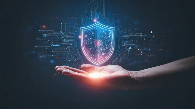 Futuristic glowing shield icon floating above open hand symbolizing advanced digital security