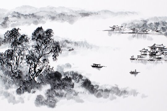 A monochrome ink painting of a misty lake, boats, and traditional East Asian architecture