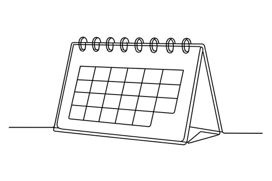 Minimalist continuous line drawing of a desk calendar with spiral binding on white background. Simple vector art of a monthly planner for office organization, scheduling, and time management.