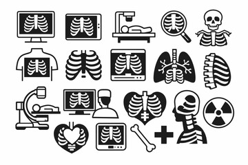 Obraz premium Clinical Roentgenogram Thoracic Cavity Badge Bundle in Dark Minimalist Outline, Showcasing Scintigraphy Skeletal Parts, Pulmonary Organs, and Imaging Apparatus for Medical Design