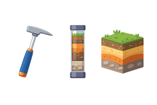 Geology and soil analysis vector icon set featuring a geologist hammer, a core sample tube, and a cross-section block of earth layers showing stratigraphy for scientific research and education.