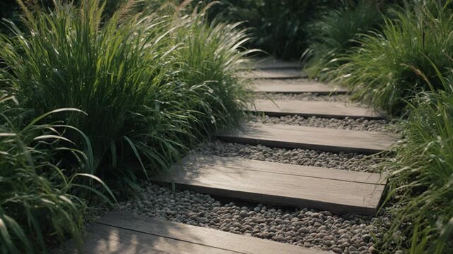 Wooden garden path with pebbles winding through ornamental grass in sunlight