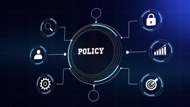 Professional business policy concept with futuristic digital interface, glowing icons and abstract data network for strategic corporate regulation management