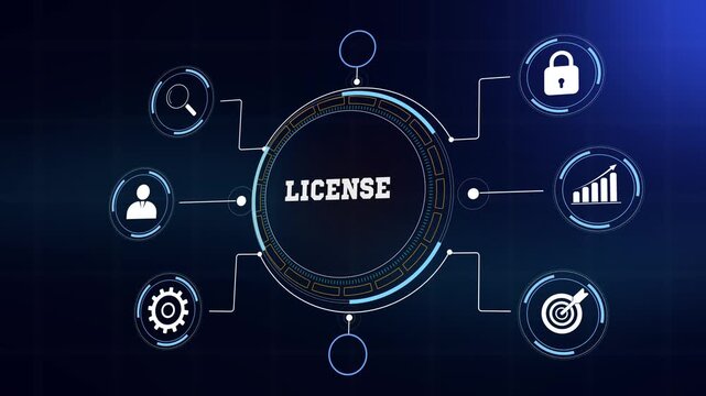 Modern corporate license and financial strategy visualization, high tech glowing hud elements with seamless blue animation for industrial business projects