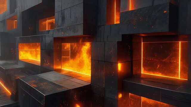 Futuristic industrial canyon of dark structures filled with glowing molten lava channels background wallpaper