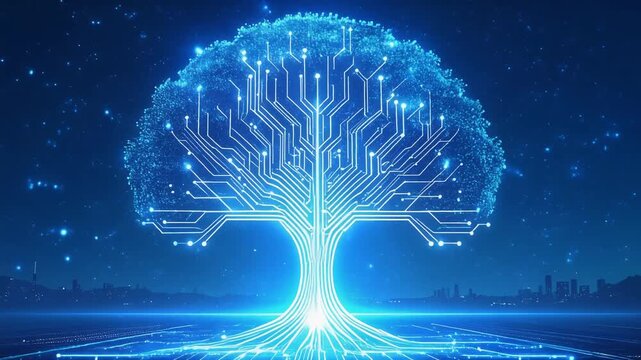 Luminous digital tree spreading network branches across futuristic blue data landscape